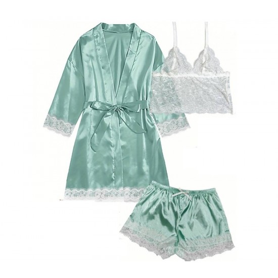 SET: Pijama satin si dantela - 3 piese (Verde) Pijamale dama